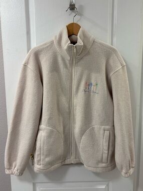 San Diego Embroidered Rainbow Palm Tree Beige Fleece Zip-Up Collared Jacket S